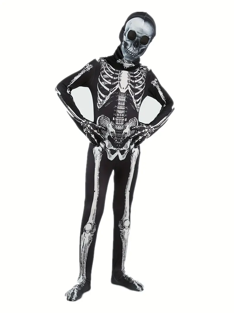 Disfraz de Esqueleto Infantil – Enterizo Negro con Capucha y Detalles de Calavera (Niños)
