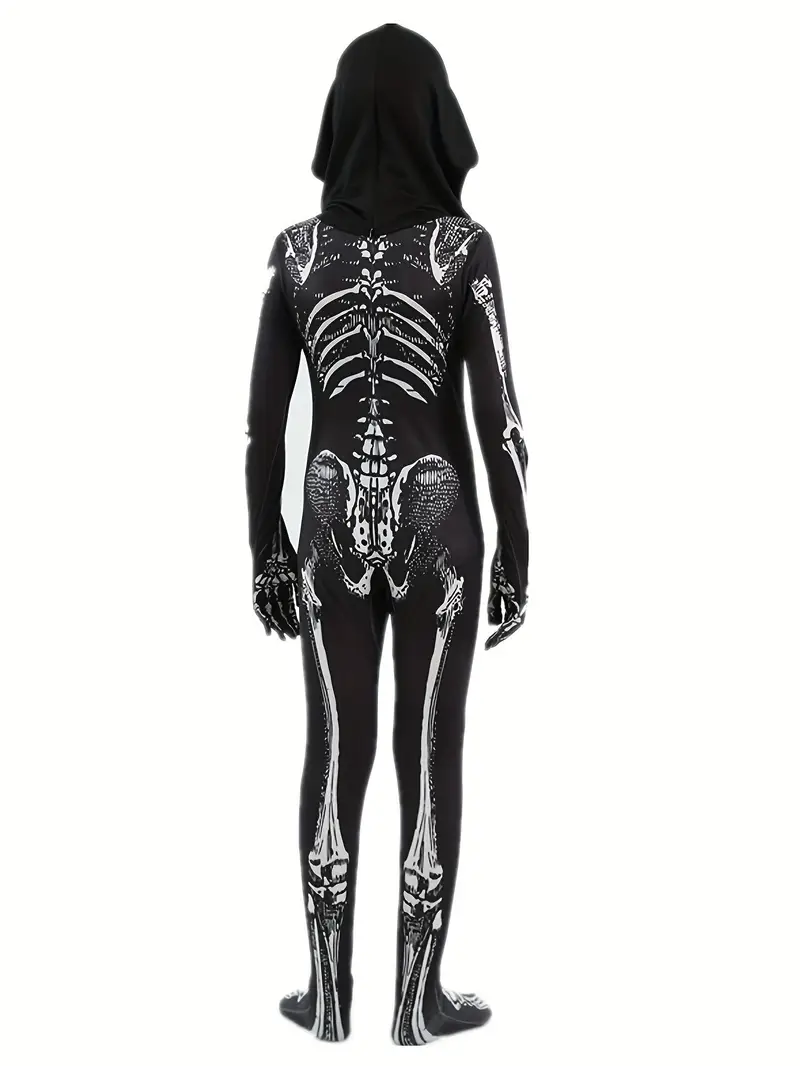 Disfraz de Esqueleto Infantil – Enterizo Negro con Capucha y Detalles de Calavera (Niños) miniatura 2