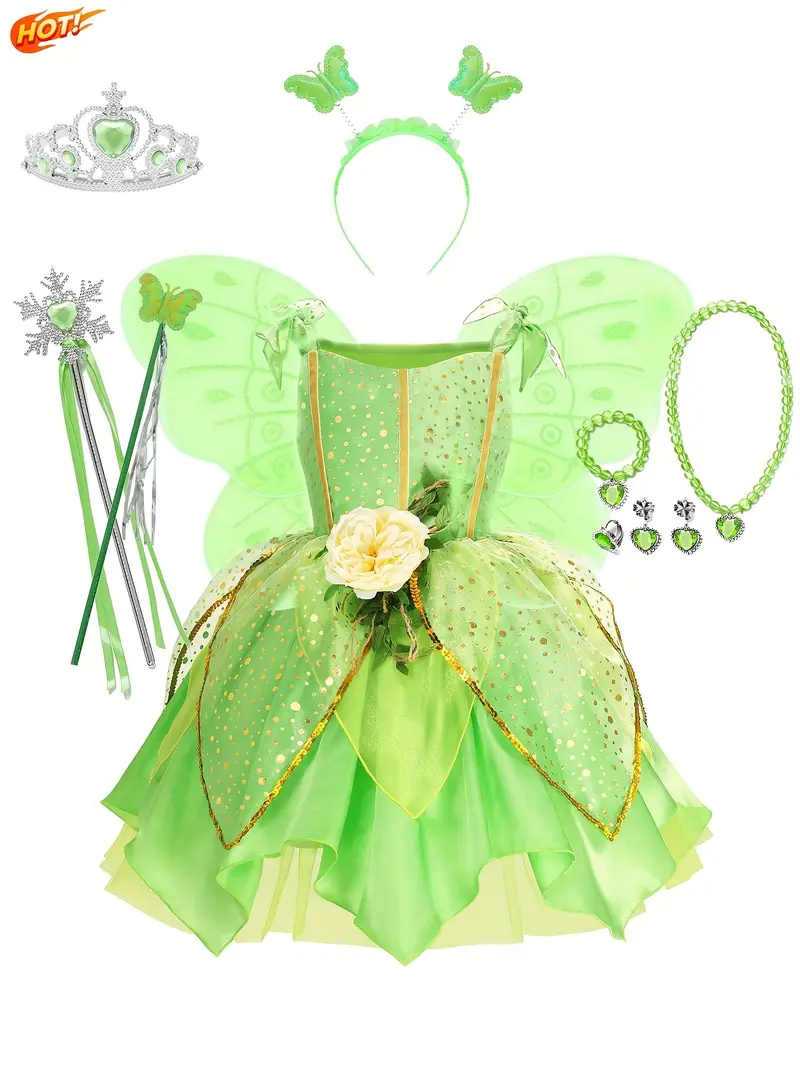Disfraz Campanita Niña – Vestido de Hada Verde con Alas y Accesorios