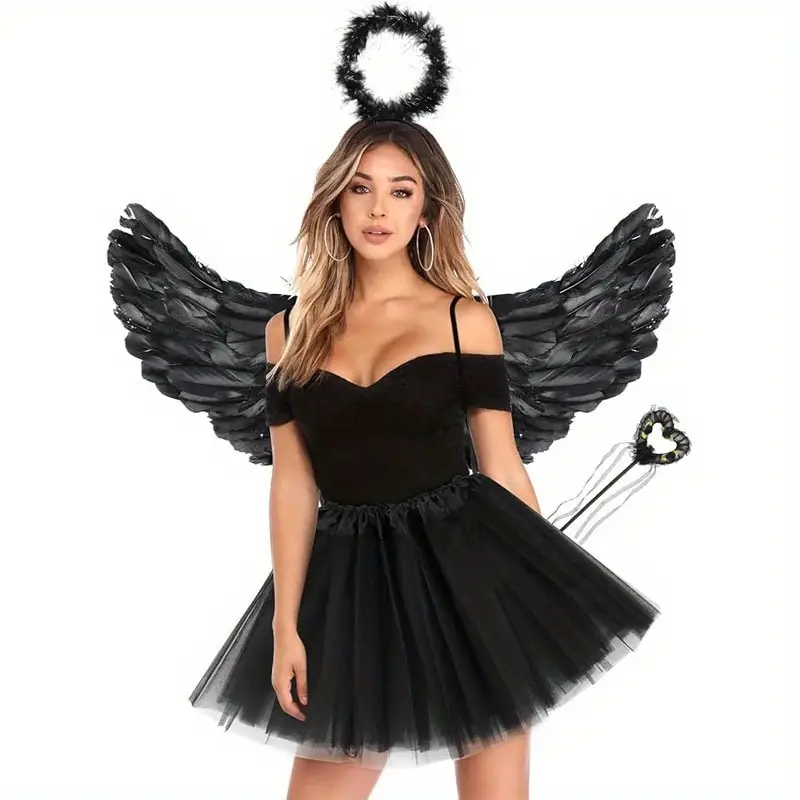 Disfraz de Ángel Negro Mujer – Alas con Plumas, Falda de Tul y Halo para Halloween