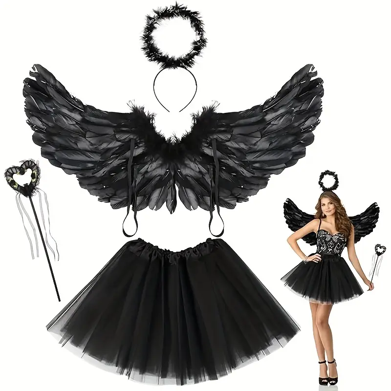 Disfraz de Ángel Negro Mujer – Alas con Plumas, Falda de Tul y Halo para Halloween miniatura 2