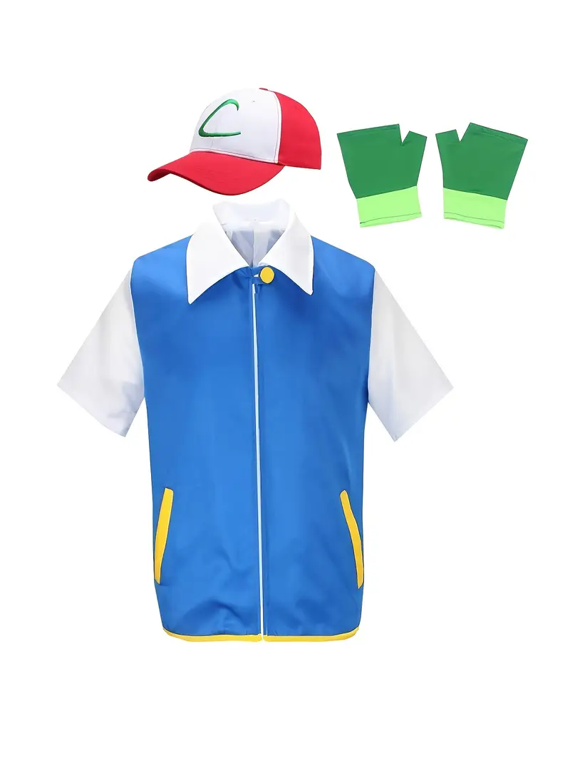 Disfraz de Ash Ketchum Pokémon – Incluye Chaleco Azul, Gorra y Guantes Verdes | La Cueva del Terror