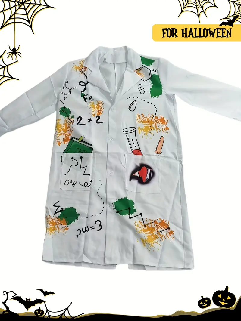 Disfraz de Científico Loco para Hombre – Bata con Diseños de Laboratorio y Peluca Blanca