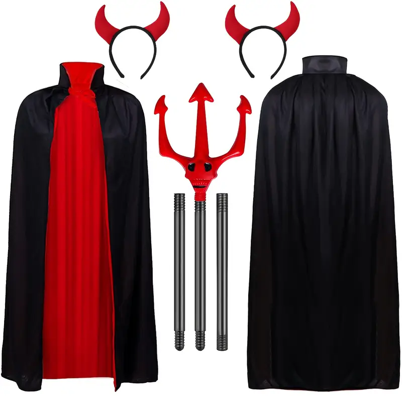 Disfraz de Diablo 3 Piezas – Capa Roja y Negra con Tridente y Cuernos 🔥