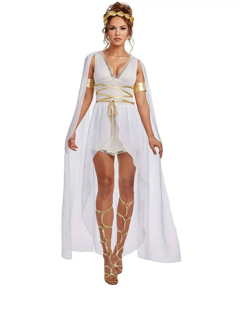 Disfraz de Diosa Griega Romana Mujer – Vestido Blanco con Tocado y Accesorios
