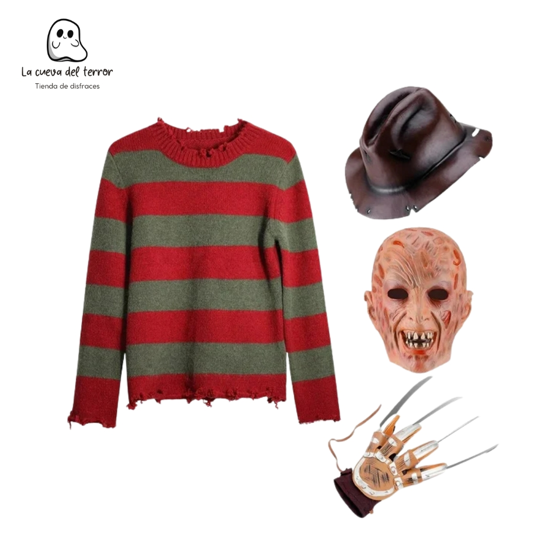 Disfraz de Freddy Krueger para Niño – Suéter, Sombrero, Máscara y Guante con Cuchillas 🔪 | La Cueva del Terror