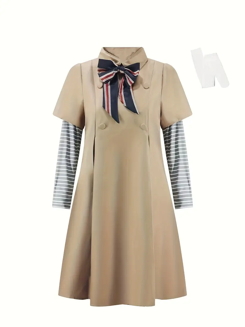 Disfraz de Megan para Niña – Vestido Beige con Lazo y Mangas Rayadas 🎀