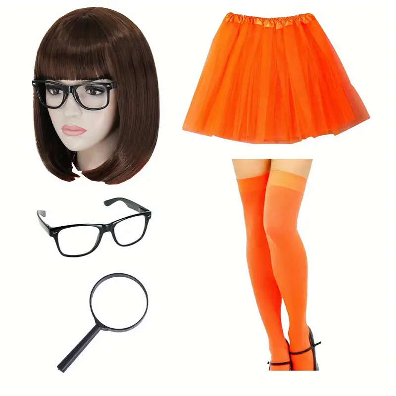Disfraz de Velma Scooby-Doo para Mujer – Peluca, Falda Naranja y Lentes 🔍