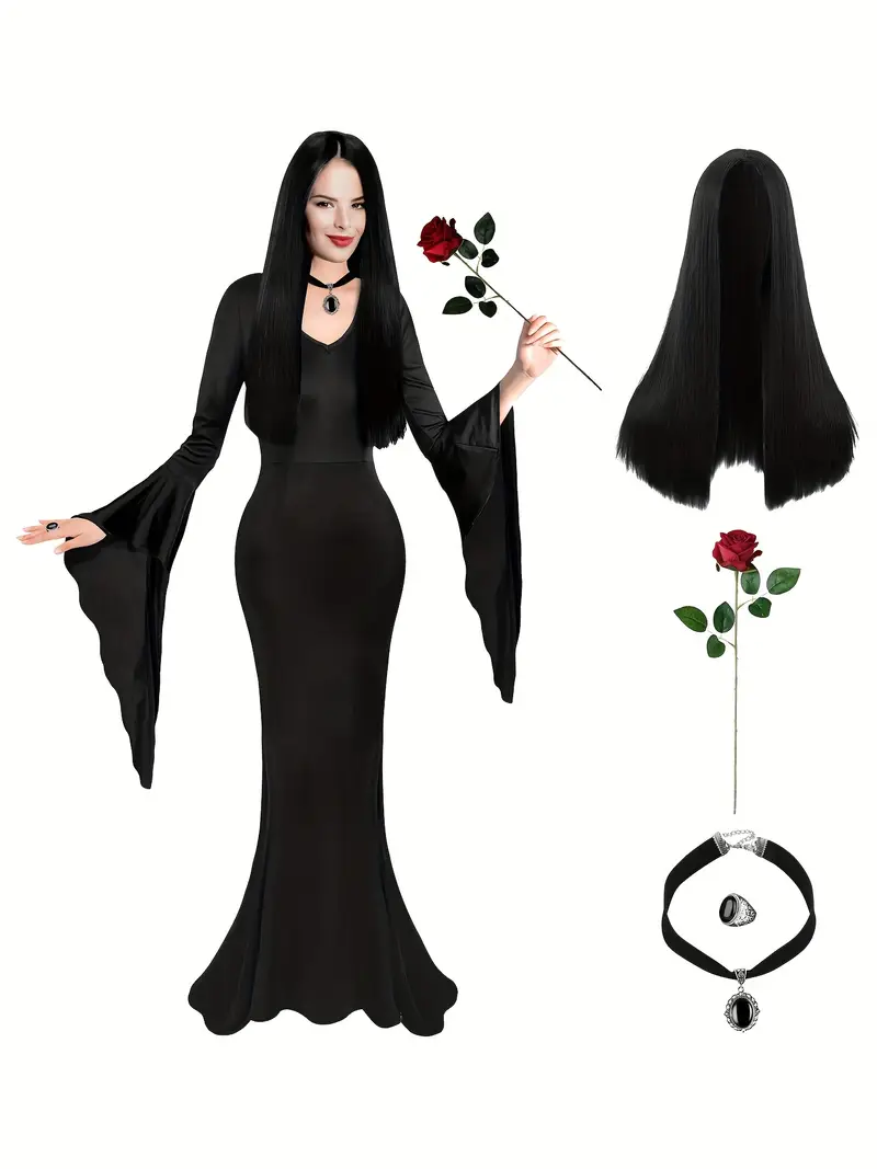 Disfraz Morticia Addams Mujer – Set Completo con Vestido, Peluca y Accesorios