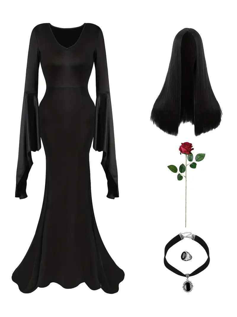Disfraz Morticia Addams Mujer – Set Completo con Vestido, Peluca y Accesorios miniatura 2