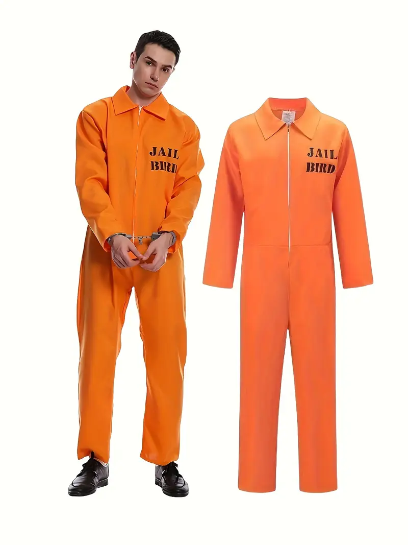 Disfraz de Prisionero Naranja Hombre – Overol Carcelario + Estampado “Jail Bird”