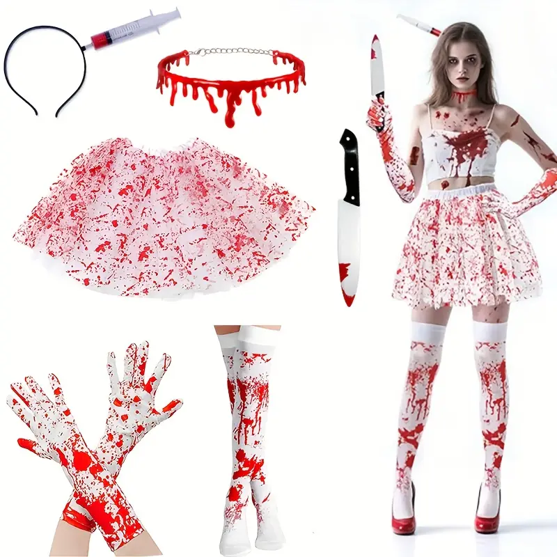 Disfraz Sangriento para Mujer – Set de 5 Piezas con Falda, Guantes y Medias Manchadas de Sangre 🩸