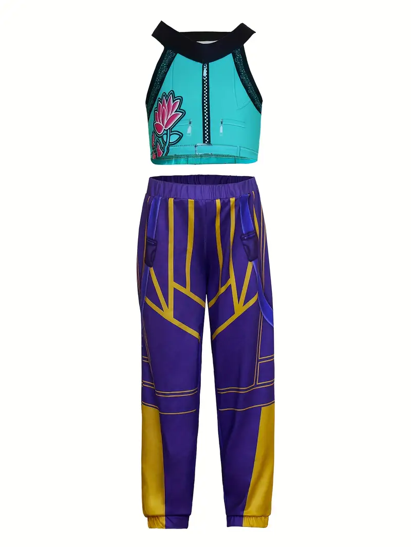 Disfraz K-Pop Demon Hunter Zoey para Niña – Top Turquesa y Pantalón Morado 💫 | La Cueva del Terror