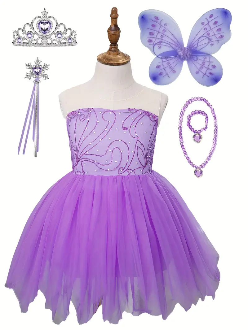 Disfraz de Hada Morada para Niña con Alas, Tiara y Vestido de Tul | Princesa Halloween