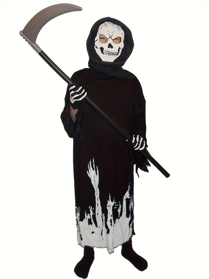 Disfraz de La Muerte Infantil – Túnica Negra con Capucha, Calavera y Guadaña (Niños)