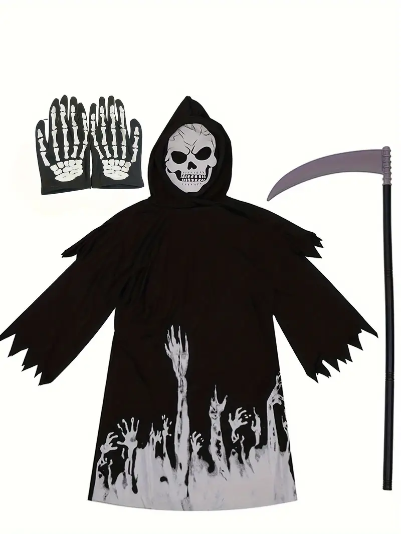Disfraz de La Muerte Infantil – Túnica Negra con Capucha, Calavera y Guadaña (Niños) miniatura 2