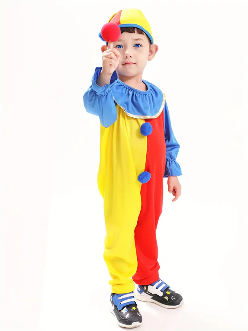 Disfraz de Payaso para Niños – Multicolor con Sombrero y Nariz Roja