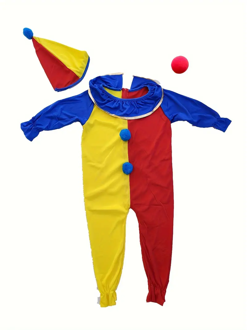 Disfraz de Payaso para Niños – Multicolor con Sombrero y Nariz Roja miniatura 3