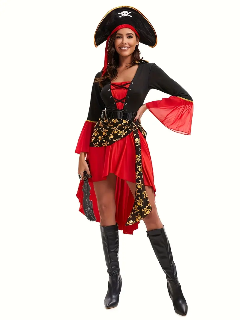 Disfraz de Pirata para Mujer – Vestido Negro y Rojo con Sombrero | Halloween y Fiestas