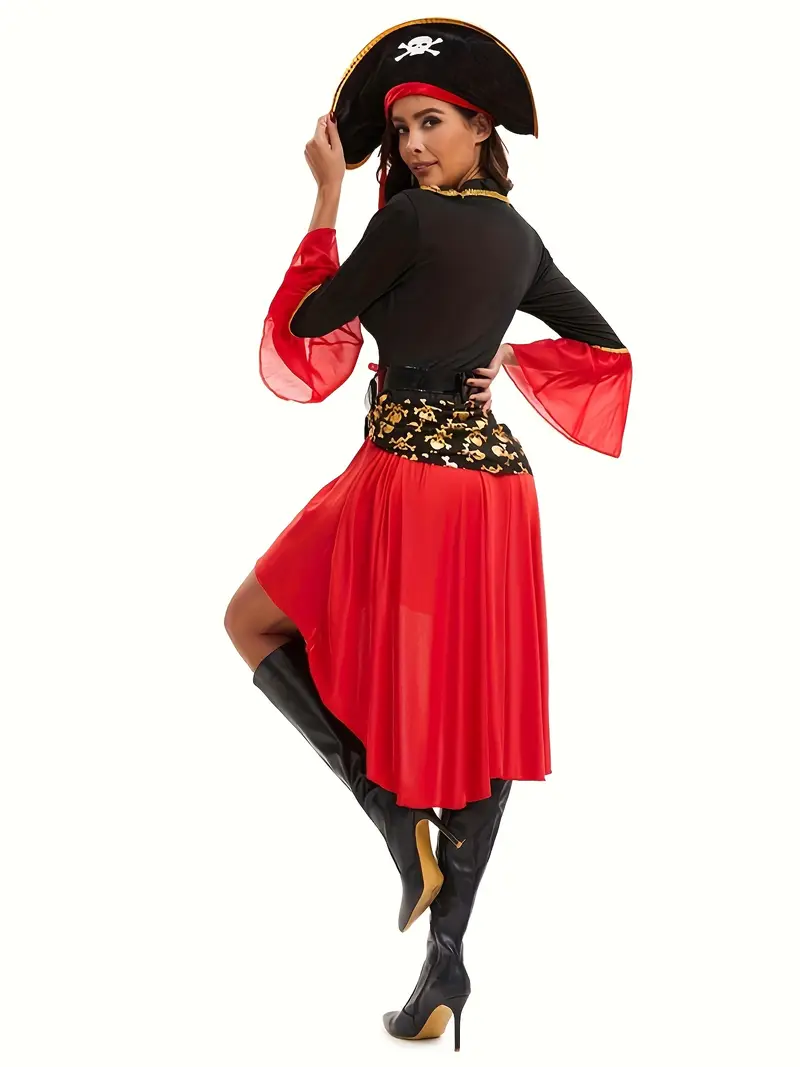 Disfraz de Pirata para Mujer – Vestido Negro y Rojo con Sombrero | Halloween y Fiestas miniatura 2