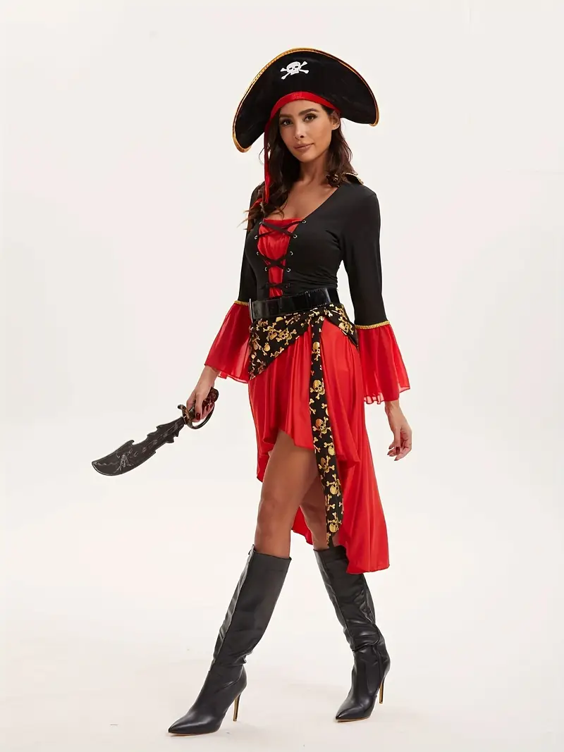 Disfraz de Pirata para Mujer – Vestido Negro y Rojo con Sombrero | Halloween y Fiestas miniatura 3